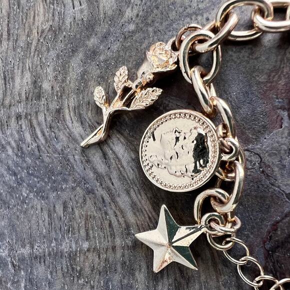 Gold tone charm adjustable charm bracelet- feather, lock, heart, star, moon - Picture 4 of 9